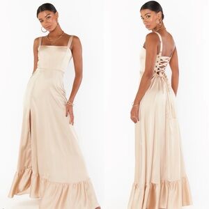 Show Me Your Mumu Clarissa Corset Dress in Champagne Luxe Satin M